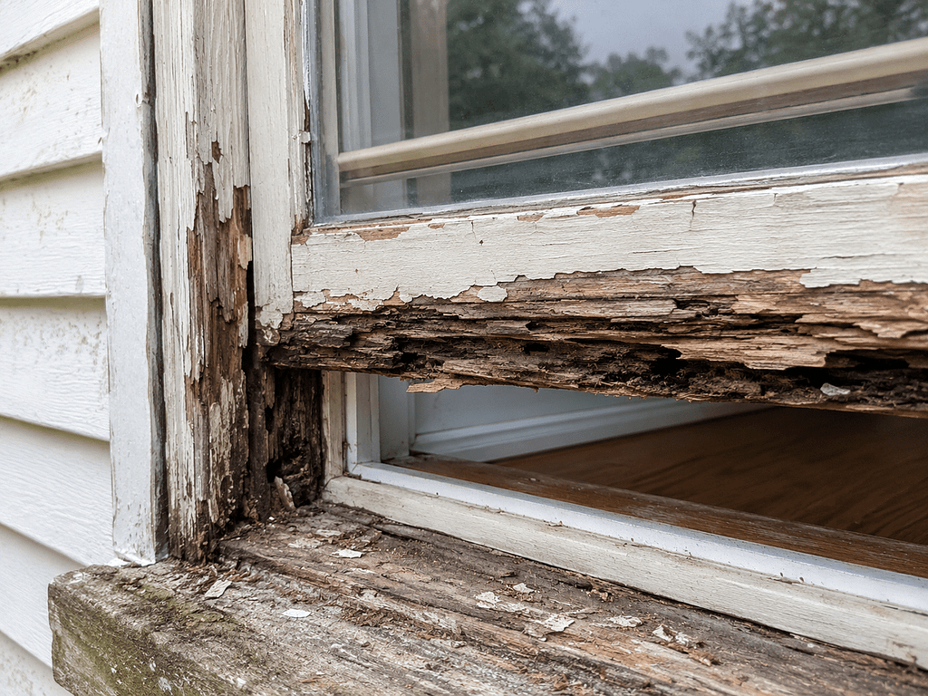 Weathered window with rotting frame details